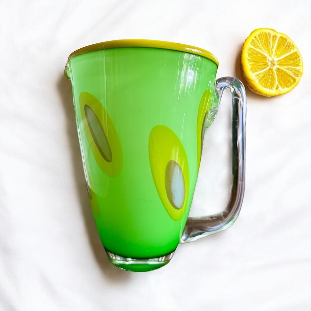 Blown Art Glass Pitcher-Millefiori Style-Lime Green Yellow-Margarita-Retro-VTG